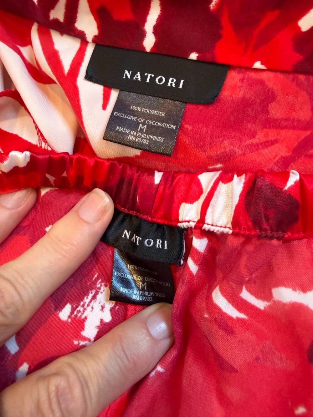 NATORI Wide Leg Red & White Botanical Floral Satin Print Pajama PJ Set Medium - Picture 10 of 12